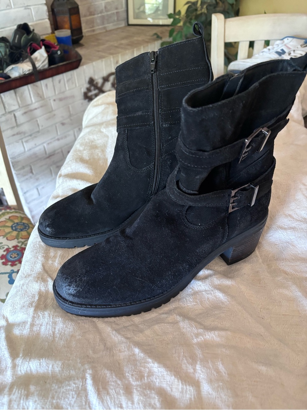 Vintage Foundry Black Suede Buckle Ankle Boots with Side Zip